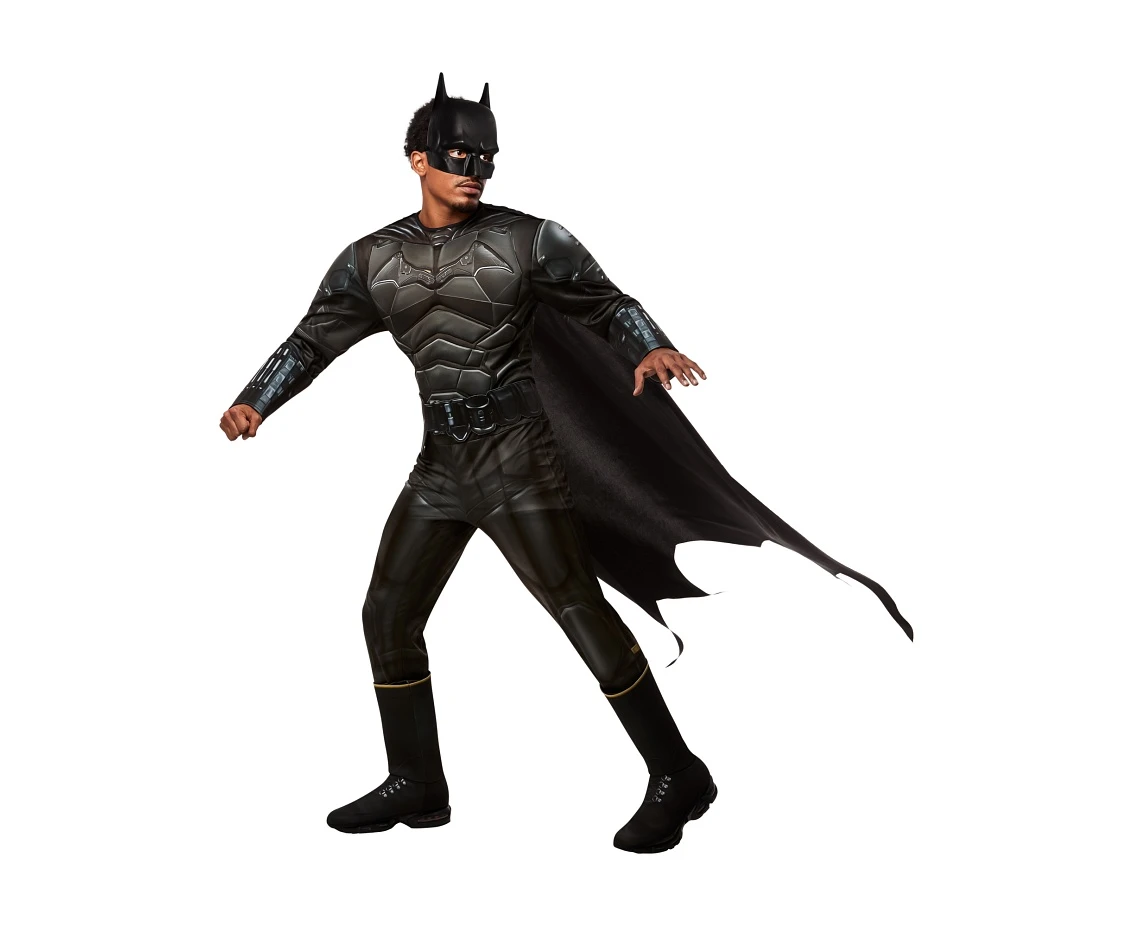 Includes: Batman muscle chest jumpsuit with boot tops, 3D belt, cape and mask
